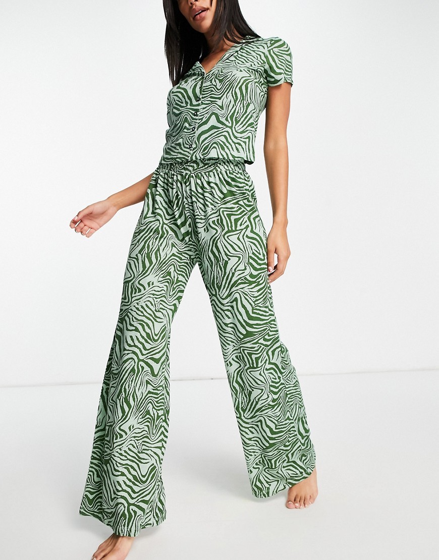 ASOS DESIGN marble print shirt & pant pajama set in green