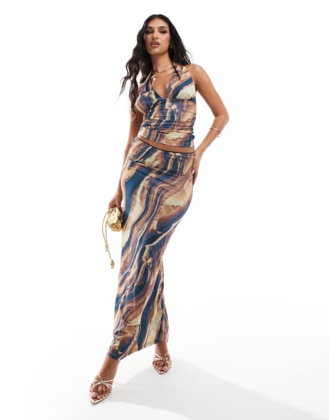 ASOS DESIGN marble printed halter top and maxi skirt set in neutral - view 1