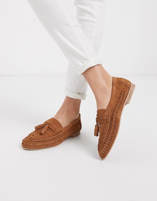 ASOS DESIGN Marble suede weave flat shoes in tan