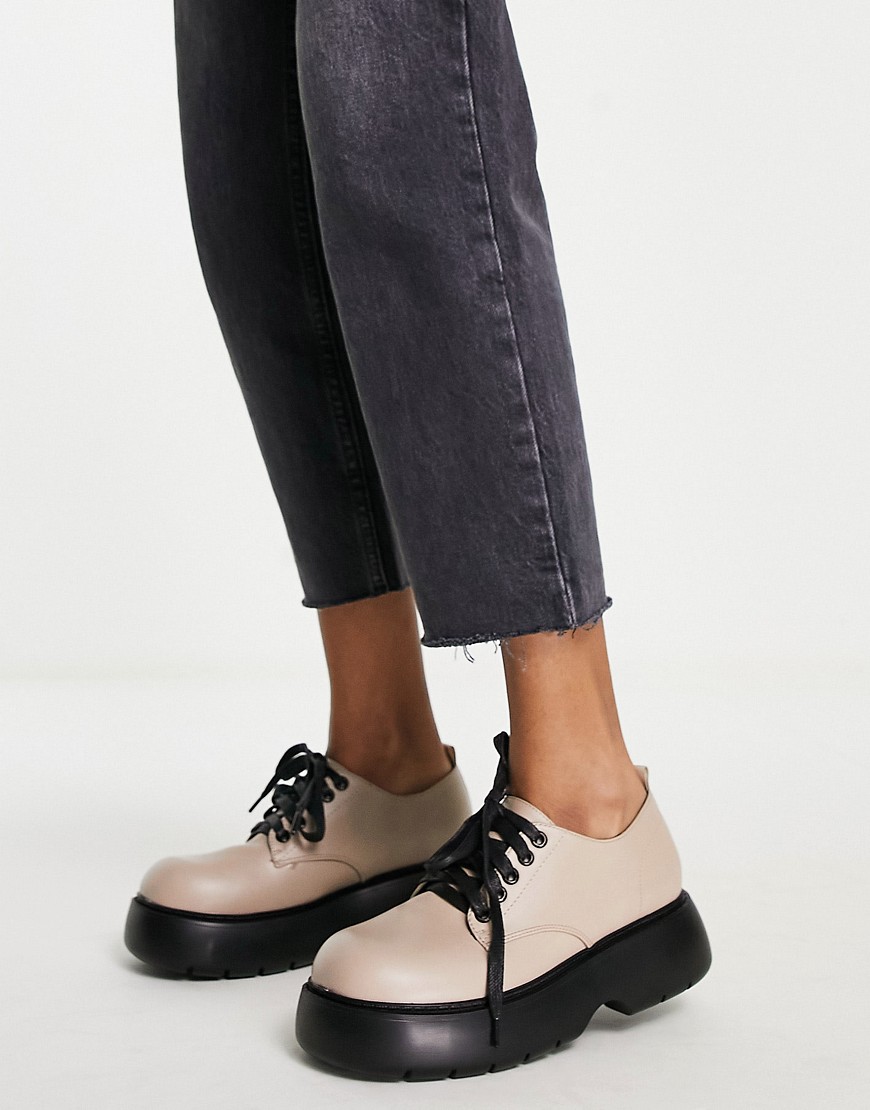 asos design marching chunky lace up flat shoe in taupe-neutral
