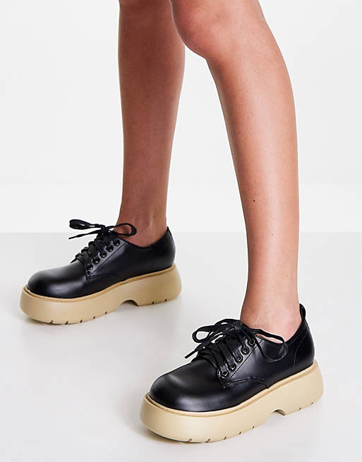 ASOS DESIGN Marching chunky lace up flat shoes in black | ASOS