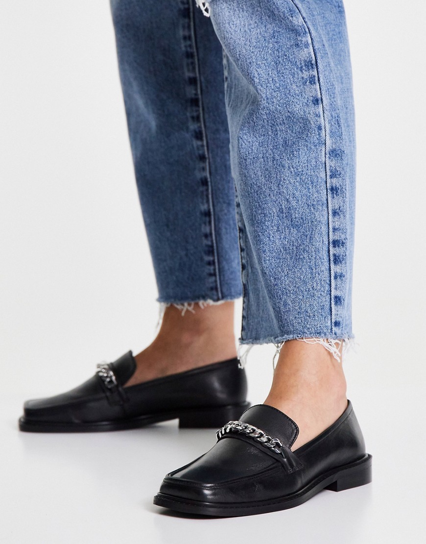 ASOS DESIGN Marcia leather square toe loafers with chain in black