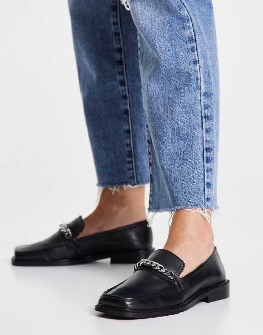 ASOS DESIGN Marcia leather square toe loafers with chain in black