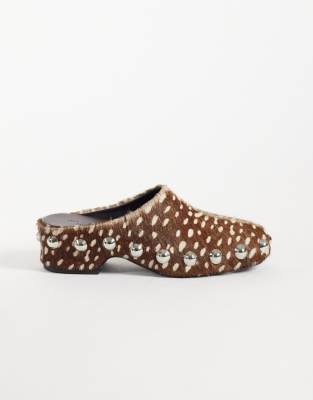 ASOS DESIGN Margo leather studded clog mules in deer print hair on real leather 