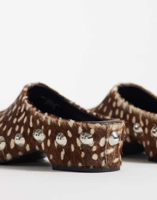 ASOS DESIGN Margo leather studded clog mules in deer print hair on real leather, 3 of 4