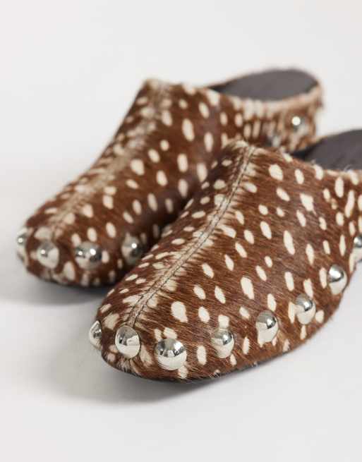 ASOS DESIGN Margo leather studded clog mules in deer print hair on real leather, 4 of 4