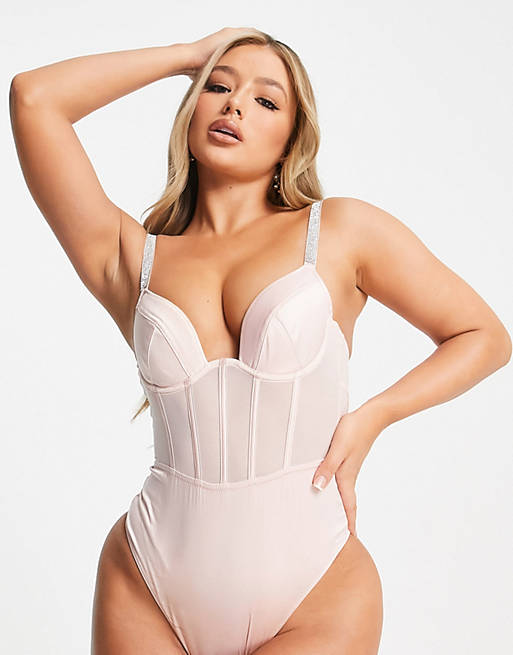  Margo padded underwired body with diamante straps in pink 