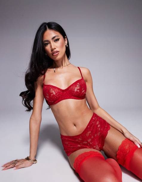 ASOS DESIGN Margot lace underwired bra with tie up detail in red - view 1
