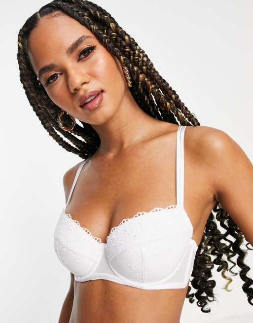 Padded balcony bra in satin with race in WHITE for Women