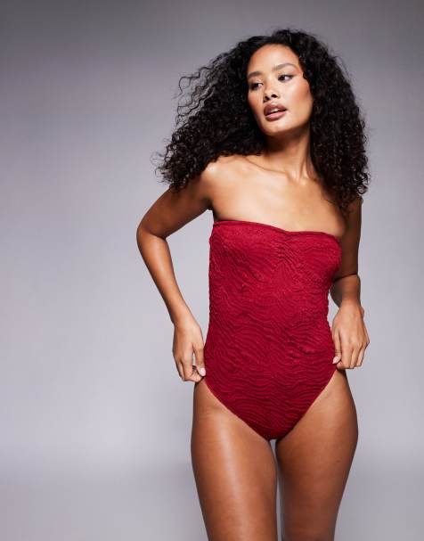 ASOS DESIGN - Maria - Maillot 1 pièce bandeau texturé - Bordeaux - view 1