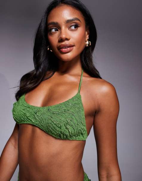 ASOS DESIGN – Maria – Olivgrön, kort bikiniöverdel med textur och halterneck - view 1