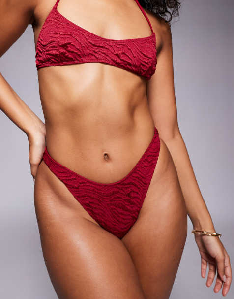 ASOS DESIGN Maria textured high leg hipster bikini bottom in burgundy - view 1
