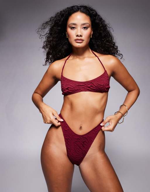 ASOS DESIGN Maria textured high leg hipster bikini bottoms in burgundy