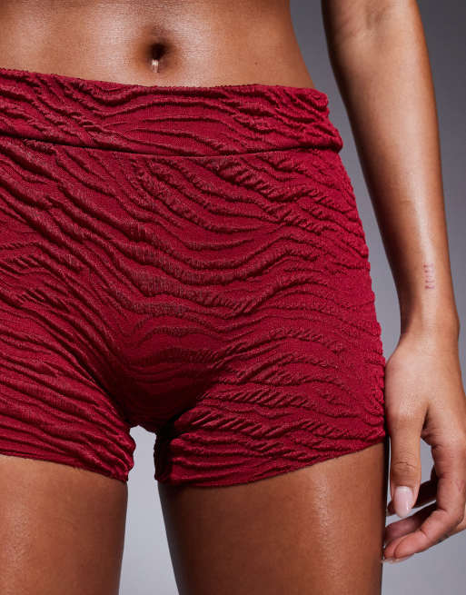ASOS DESIGN Maria textured high waist short bikini bottoms in burgundy, 3 of 5