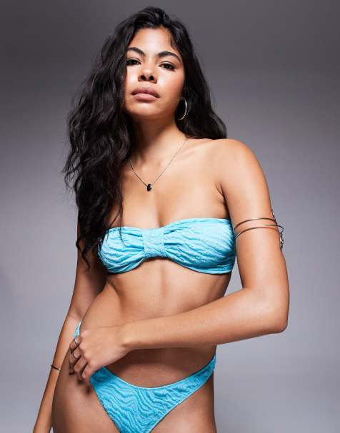 ASOS DESIGN Maria textured knot front bandeau bikini top in turquoise - view 1
