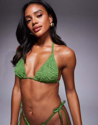 Asos Design Maria Textured Tie Back Triangle Bikini Top In Green