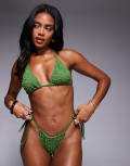 [ASOS DESIGN] ASOS DESIGN Maria textured tie side bikini bottom in olive-Green L Olive