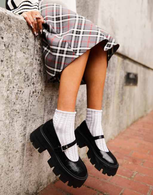 ASOS Design Marilyn Chunky Mary Jane Flat Shoes in plaid-Multi