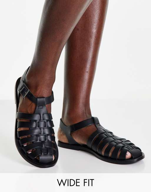 ASOS DESIGN - Marina - Platte vissersschoenen met brede pasvorm van leer in zwart