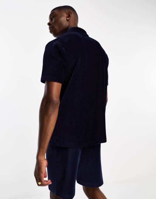 ASOS DESIGN – Marinblå, avslappnad pikétröja i ribbad velour, del av set, 2 av 4