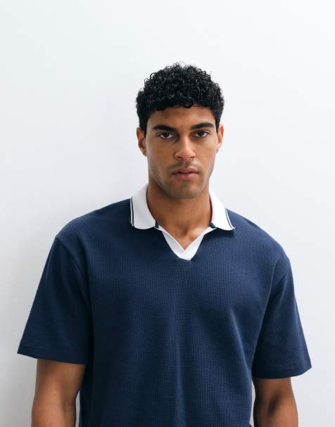 ASOS DESIGN – Marinblå avslappnad pikétröja med kontrasterande krage - view 1
