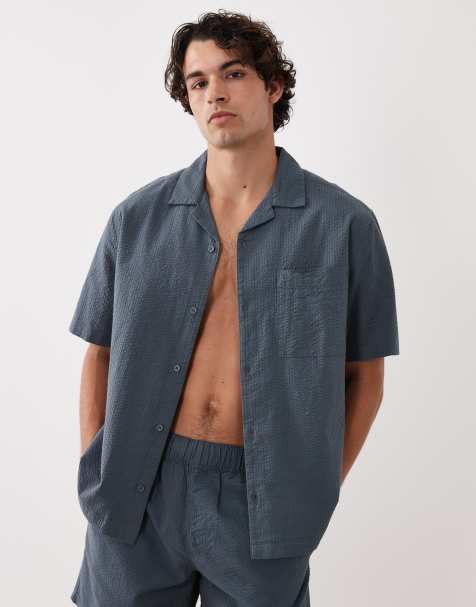 ASOS DESIGN – Marinblå, avslappnad skjorta i bäckebölja med platt krage, del av set - view 1