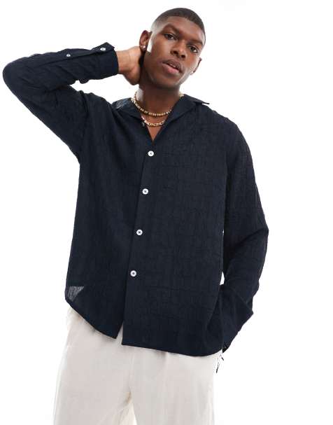ASOS DESIGN – Marinblå, avslappnad skjorta med platt krage i kräpp - view 1