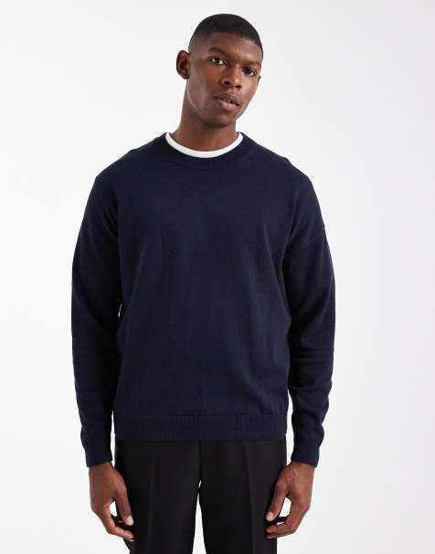 ASOS DESIGN – Marinblå, avslappnad, stickad t-shirt med långa ärmar och rund halsringning - view 1