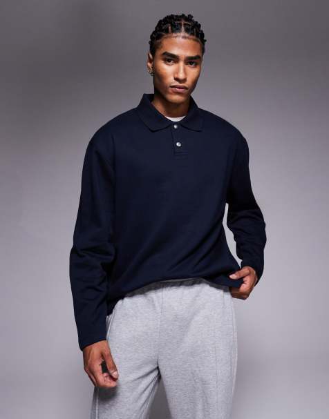 ASOS DESIGN – Marinblå, avslappnad sweatshirt med knäppning och ribbad krage - view 1