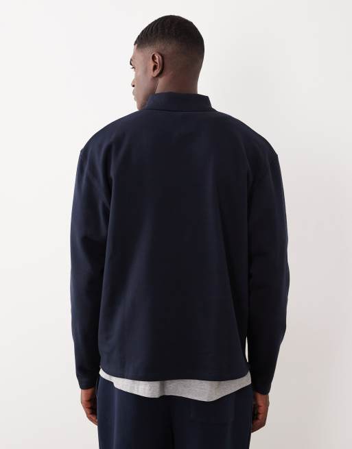 ASOS DESIGN – Marinblå, avslappnad sweatshirt med knäppning och ribbad krage, 3 av 5