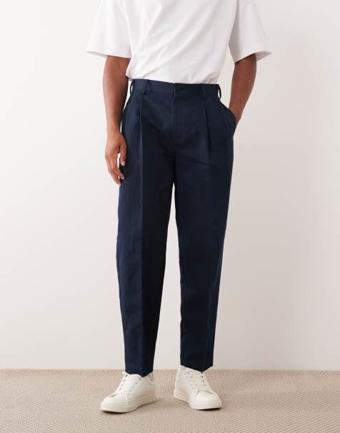 ASOS DESIGN – Marinblå, avsmalnande finbyxor i linnerikt tyg och oversize med veck - view 1