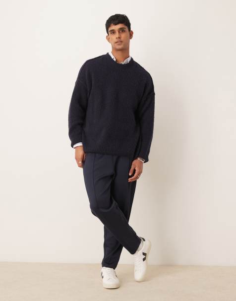 ASOS DESIGN – Marinblå, avsmalnande mjukisbyxor i scubamaterial - view 1