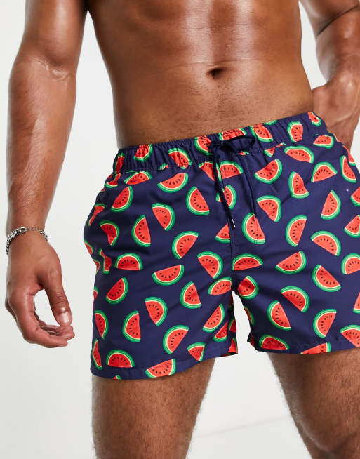 ASOS DESIGN – Marinblå badshorts i kort modell med vattenmelonmönster, 4 av 4
