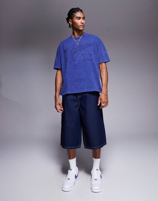  ASOS DESIGN – Marinblå, blekt, kraftig t-shirt i oversize med boxig passform och påsytt stadstryck  , 3 av 4
