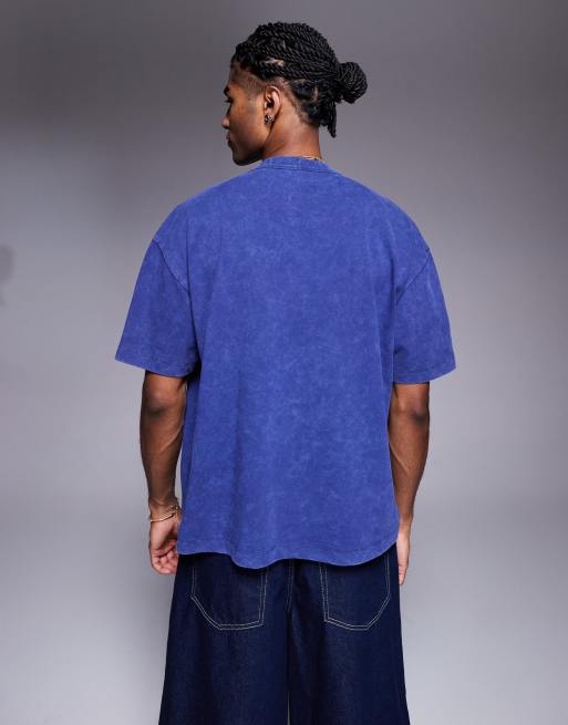  ASOS DESIGN – Marinblå, blekt, kraftig t-shirt i oversize med boxig passform och påsytt stadstryck  , 4 av 4