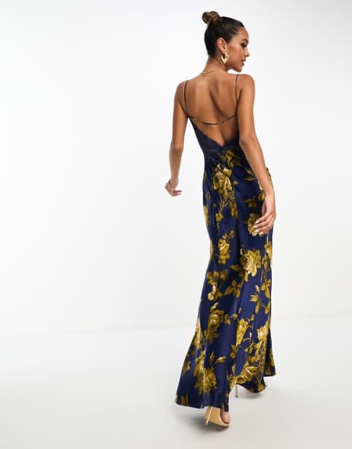 ASOS DESIGN – Marinblå blommig maxiklänning i satin med spetspanel och nyckelhålsöppning, 4 av 4