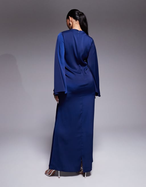 ASOS DESIGN – Marinblå, diagonalskuren maxiklänning med rynkad midja och stora ärmar, 2 av 4