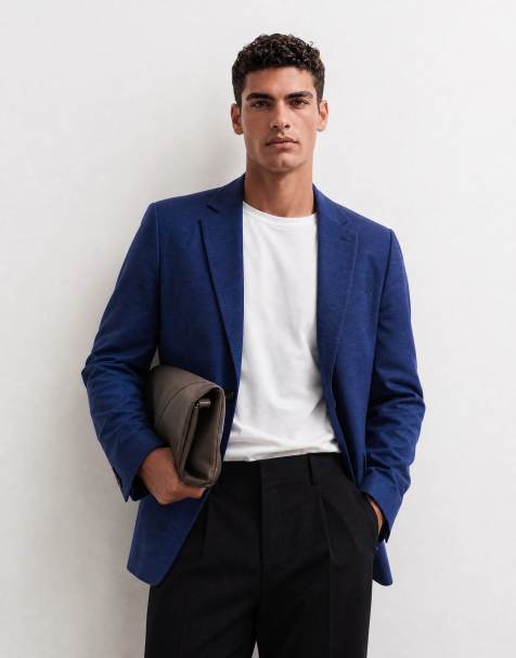 ASOS DESIGN – Marinblå, dubbelknäppt kavaj i regular fit med slubvävd textur, del av kostym - view 1