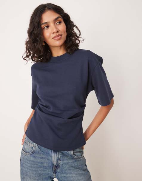 ASOS DESIGN – Marinblå, dubbelstickad t-shirt med korsettmidja - view 1