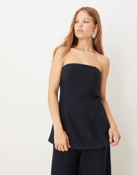 ASOS DESIGN – Marinblå, figursydd bandeau-topp i bouclé, del av set - view 1