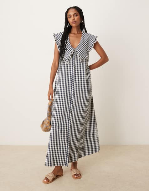 ASOS DESIGN – Marinblå, ginghamrutig, ärmlös maxiklänning med krage - view 1