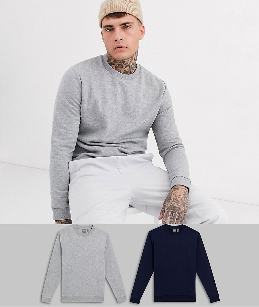 ASOS DESIGN – Marinblå/gråmelerad sweatshirt i 2-pack-Flerfärgad
