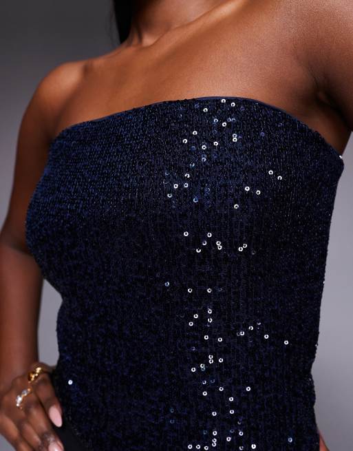ASOS DESIGN – Marinblå, helt paljettutsmyckad body med bandeau-rignning, 3 av 4