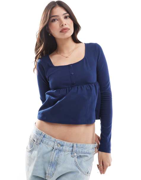 ASOS DESIGN – Marinblå henley-topp i babydoll-stil med långa ärmar - view 1