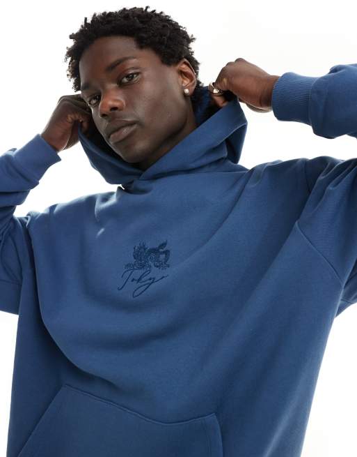 ASOS DESIGN – Marinblå huvtröja i oversize med drakbroderi