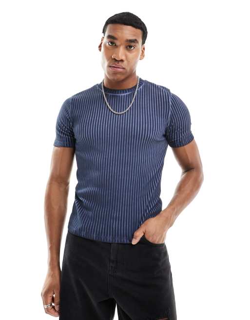 ASOS DESIGN – Marinblå, kort, ribbad t-shirt i muscle fit med tvättad finish