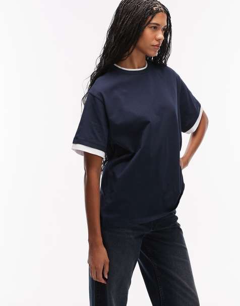 ASOS DESIGN – Marinblå, kortärmad topp i oversize med två lager - view 1