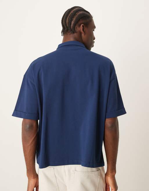 ASOS DESIGN – Marinblå, kraftig pikétröja i oversize med boxig passform och upprullade ärmar, 3 av 4