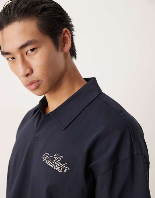 ASOS DESIGN – Marinblå, kraftig pikétröja i oversize med bröstbroderi, 3 av 4
