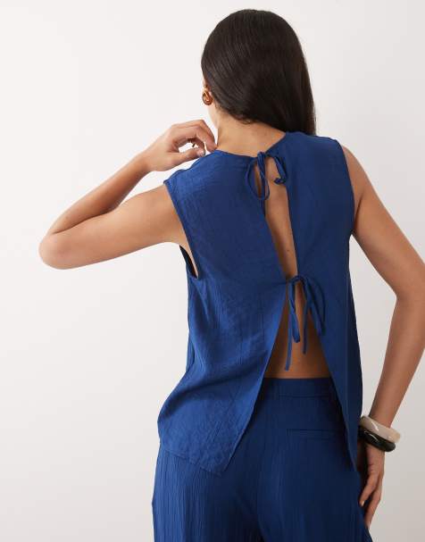 ASOS DESIGN – Marinblå, krinklad topp med knytning baktill, del av set - view 1